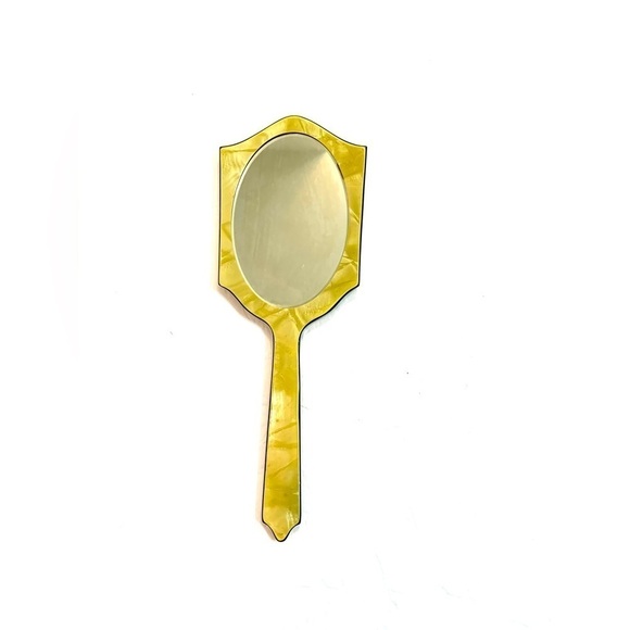 Vintage Beveled Vanity Hand Mirror Yellow Celluloid Art Deco Victorian - Picture 1 of 8